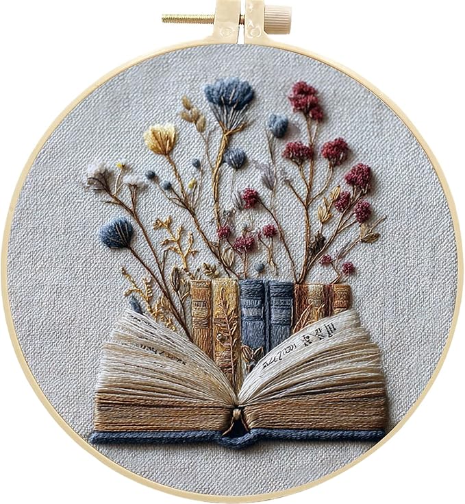 FONNUY Embroidery Kit for Beginners, Flower Book Pre-Stamped Pattern Kits for Adults with Hoop, Cross Stitch Easy to Follow Color Thread Needlework, 8'' Hoop (Blue)