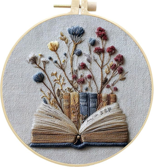 FONNUY Embroidery Kit for Beginners, Flower Book Pre-Stamped Pattern Kits for Adults with Hoop, Cross Stitch Easy to Follow Color Thread Needlework, 8'' Hoop (Blue)