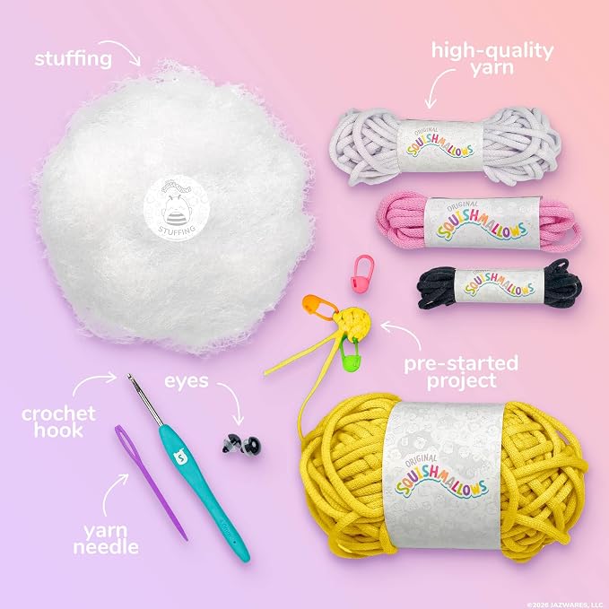 Original Squishmallows™ Crochet Kit – Sunny Bag Charm, Bumblebee Crochet Kit for Beginners with Yarn, Starter Hooks, Step-by-Step Tutorials, DIY Craft, Great Teen Gifts