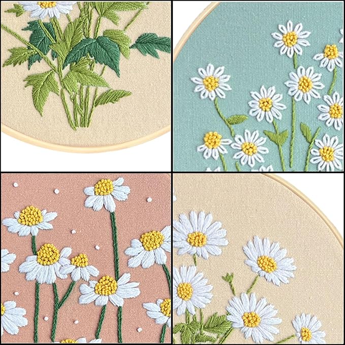 CHIYOSING Embroidery Kit for Beginners Adults, 3 Floral Pattern to Learn Over 30 Different Stitches,Includes Step-By-Step Instructions,Sharp Scissors and 2 Exquisite Hairpins and Multiple Accessories