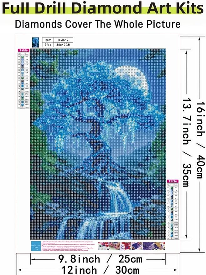 Moon Tree 5D DIY Diamond Painting Kits for Adults, Waterfall Diamond Art Kits for Beginners, Full Drill Dot Painting Gem Art Kits for Home Wall Decor11.8 x15.7 Inch