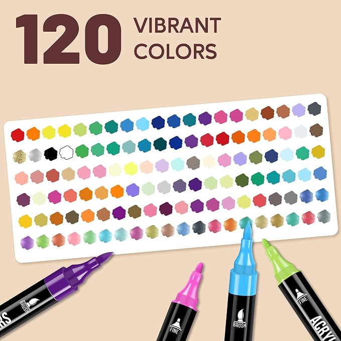 Pagather Acrylic Paint Markers, 120 Colors Dual Tip Fine & Brush Pens Set | For Rocks, Fabric, Wood, Glass & More, Perfect for DIY Crafts and Creative Art Projects with Bright, Smooth and Quick-Dry Ink