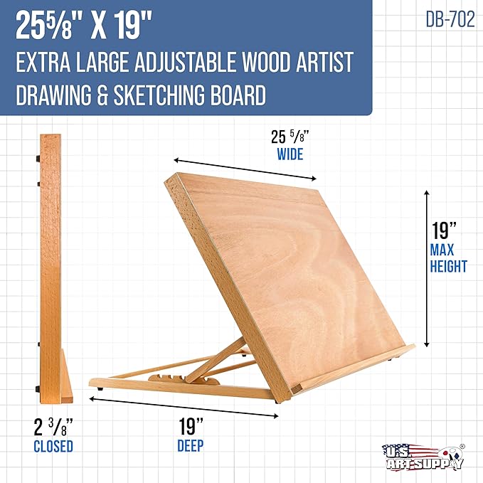 U.S. Art Supply X-Large 25-5/8" x 19" (A2) Wooden Drawing Board, Adjustable | Table Top Easel for Painting and Drawing - Drafting Board with 6 Angles, Pencil Ledge, Locking Storage Drawer