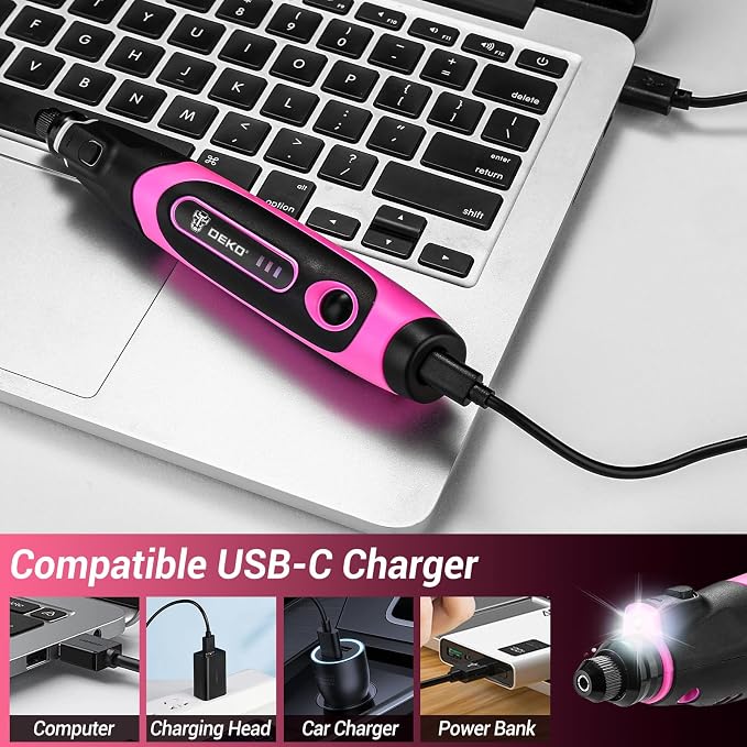 Mini Cordless Rotary Tool:DEKOPRO 3.7V Rotary Tool Variable Speed Display with Type-C Charging, Power Rotary Tool with 70 Accessories for Sanding, Engraving, Polishing, Drilling, Cutting, DIY (Pink)