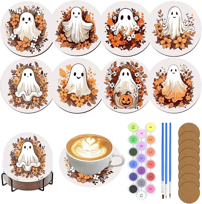 8 Pack Halloween Paint by Numbers Kits Coasters with Holder Cork Pads | Autumn Ghost Paint by Number Kits for Adults Simple Round Oil Painting Coaster for Small DIY Craft Holiday Gift 3.9x3.9in