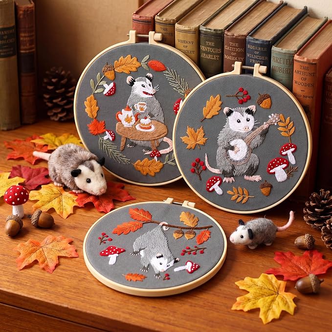 Mindsoft 3 Set Needlepoint Kit for Beginners with Hoop,Autumn Possum | Bamboo Hoop Thread Needles Instructions, Easy Hand Embroidery for Beginners Home Crafts,Pre-stamped Funny Cute Designs