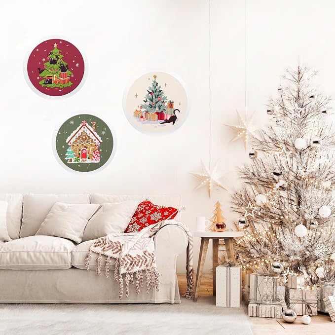 LB Christmas Embroidery Kit for Beginners Adults, 3 Sets Hand Embroidery Starter Kit with Black Cat Pattern and Instructions Stamped Cross Stitch Kits Include Embroidery Hoop Needles Threads Scissors