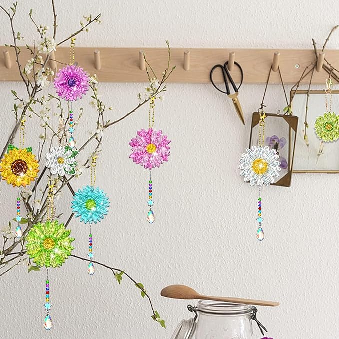 6 Pcs Daisy Diamonds Painting Wind Chimes Suncatcher Double Sided Flower Rhinestone Painting Wind Chime 5D DIY Crystal Diamond Painting Kits Paint by Number Hanging Ornaments Mom Gifts