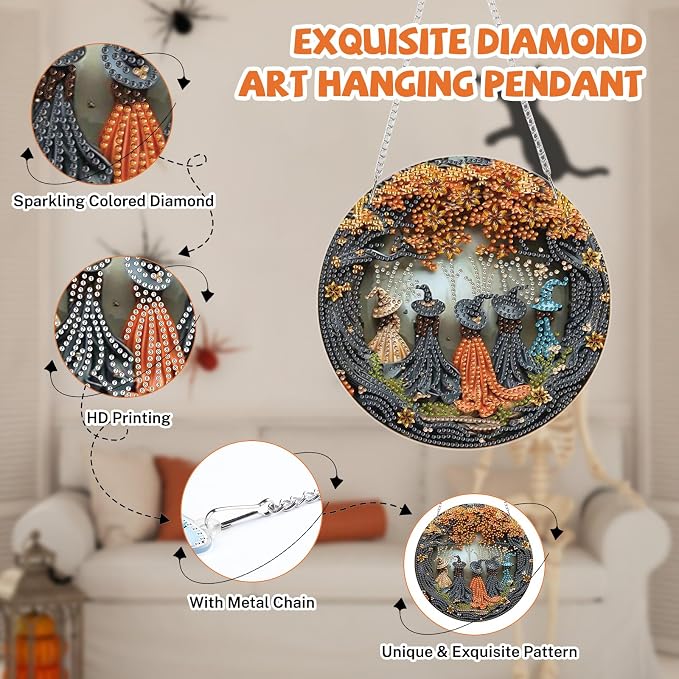 Bowetile Witch Diamond Art Hanging Kits for Adults, Halloween Diamond Art Suncatchers Fall, 5D Special Shape Autumn Diamond Painting Pendant Window Ornament Gifts for Home Door Wall Decor