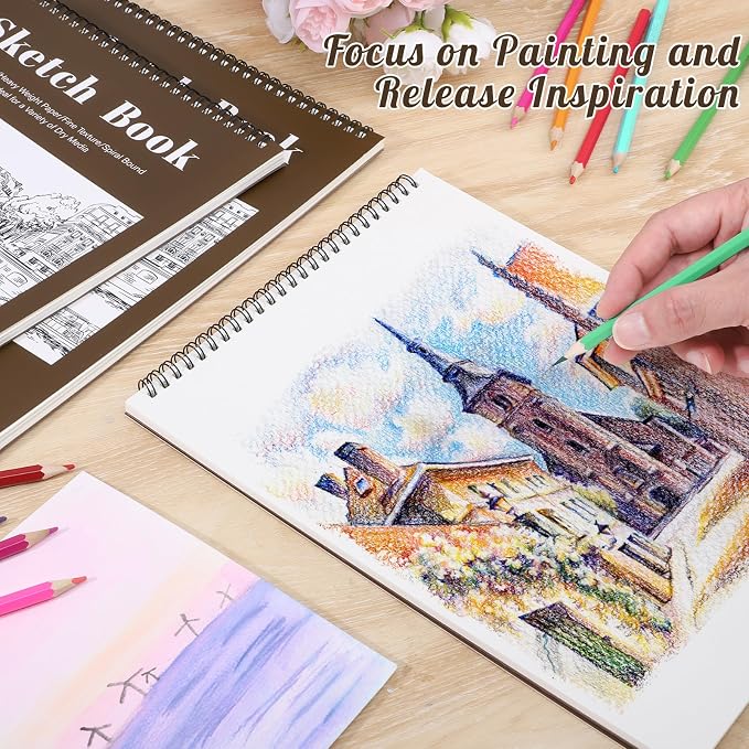 12 Pack Sketch Book 9 × 12 in, Top Spiral, 30 Sheets Each, Tan | 100gsm Acid-Free Paper, Hardcover Backboard, Lay-Flat Top Spiral, for Sketching, Drawing And Dry Media