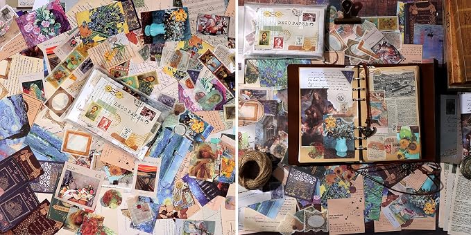 Draupnir 200pcs Vintage Junk Journal Supplies,Scrapbook Supplies Scrapbooking Paper and Stickers Ephemera For Art Aesthetic Journaling Kit Collage(Art)