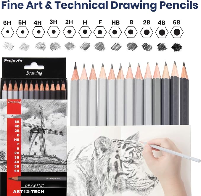 Pacific Arc Premium Graphite Drawing Pencils for Artists, Tech Pack - Professional Pencils for Drawing, Drafting, Sketching and Shading 12 Pk. - Great Non Toxic Art Supplies Set