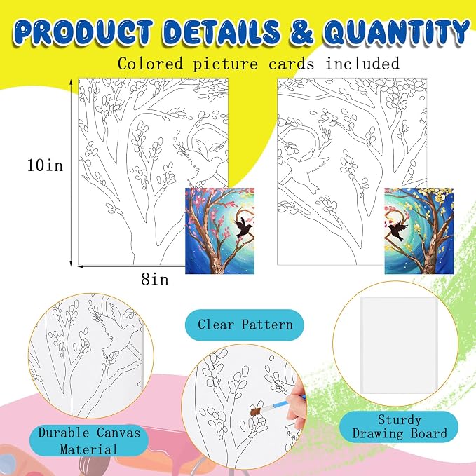 Yeaqee 13 Pcs Sip and Paint Kit for Adults Stretch Canvas Date Night Valentines Painting Kit Supplies Art Painting Set Outline Design Blank Stretch Canvas for Couple Party(Bird and Tree,10 x 8 Inch)