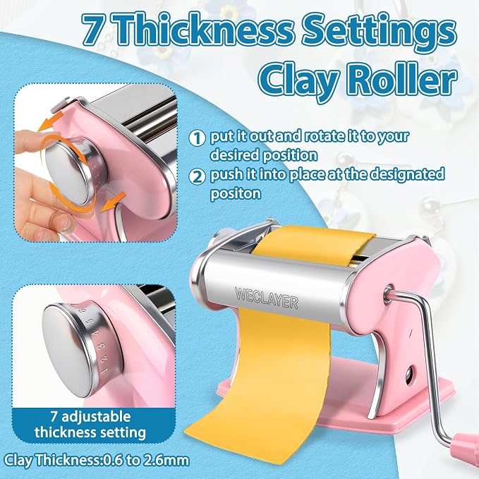 Polymer Clay Press Machine,Clay Roller Machine,Includes Clamp and Hand Crank,Stainless Steel Polymer Clay Tools for Clay Earring Making,7 Thickness Clay Pasta Machine-Pink