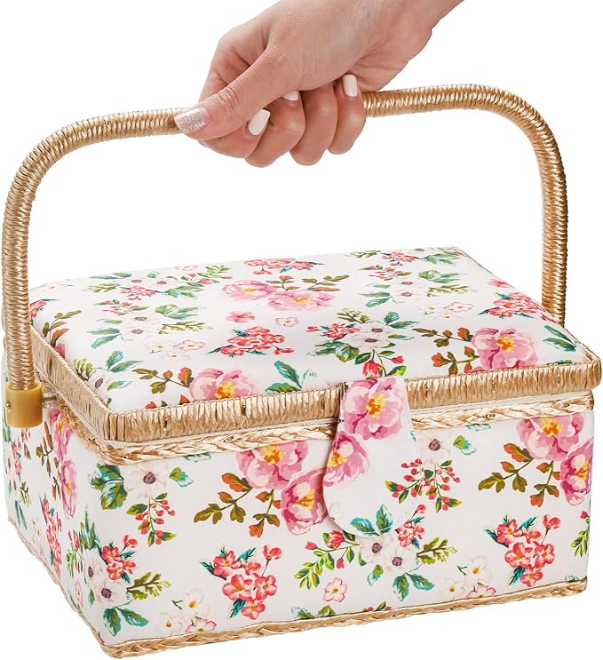 ZOOFOX Sewing Basket with Accessories, Wooden Sewing Kit Storage Box with Removable Tray, Vintage Sewing Kits Carrying Bag for Sewing Mending, Beginner, Professional, Floral Print, Gift for Christmas
