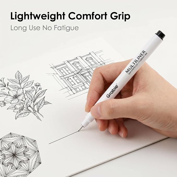Grabie Micro Fineliner Pens, 6 Black Waterproof Drawing Pens | Waterproof Pigment Ink, 6 Assorted Tip Sizes, Precision Fine Lines, Metal-Clad Nibs, Smooth Ink Flow, Smudge Resistant