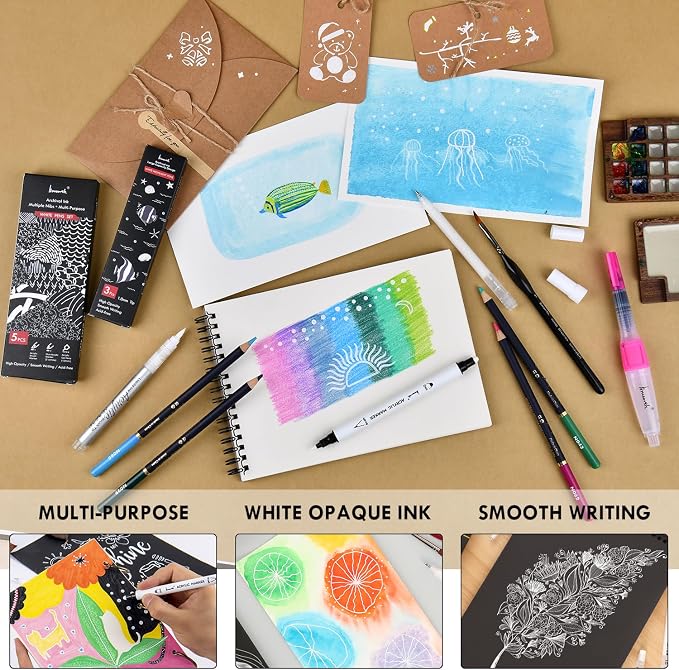 Brusarth White Pens Set, White Gel Pens, Dual-Tip Acrylic Paint Pen | Brush Tip Acrylic Markers Pens for Black Paper Drawing, Sketching, Illustration, Card Making, Bullet Journaling
