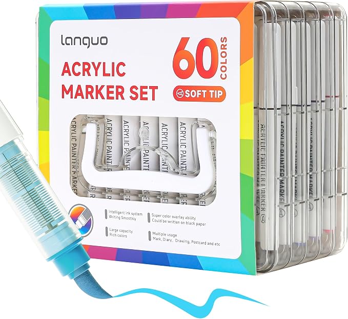 languo 60 Colors Acrylic Paint Markers, Brush Tip, Direct Liquid Ink