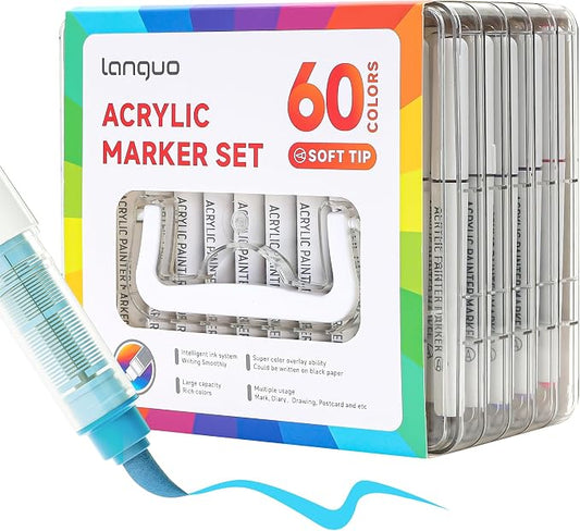 languo 60 Colors Acrylic Paint Markers, Brush Tip, Direct Liquid Ink
