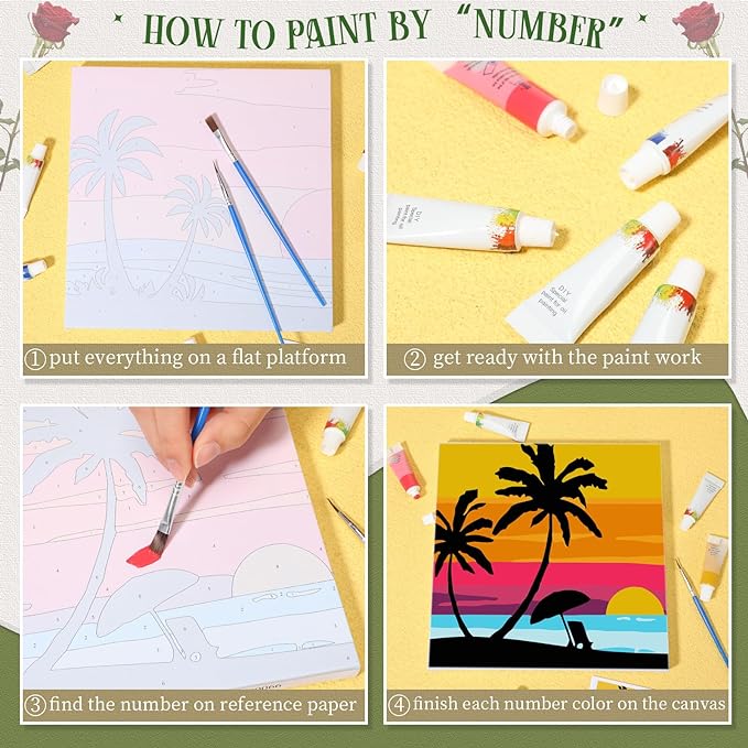 Nezyo 12 Sets Paint by Numbers Kit with Frame for Adults, Acrylic 8x8 Inch | DIY Canvas Ideal for Beginners, Great for Parties and Classroom Activities, Includes Brushes and Paints, Birthday Gift