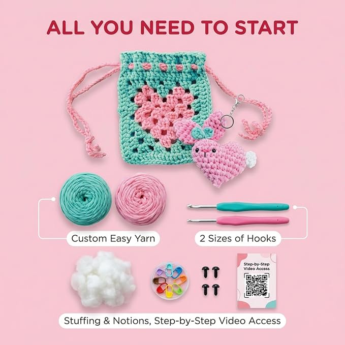 Wimmsie Crochet Animal Kit for Beginners - Easy Granny Square Crochet Kit for Beginners Kids & Adults - Cute Amigurumi Heart Bunny Keychain & Mini Heart Purse - Step by Step Video Tutorials