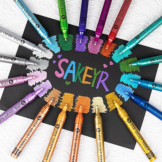 SAKEYR Super Golden Metallic Paint Markers, 18 Colors Sparkle Metallic Glitter Markers, Acrylic Paint Pens for Rock Painting, Glass, Wood, Fabric, Black Paper, Cards, Scrapbook, DIY Art Crafts (2-3mm)