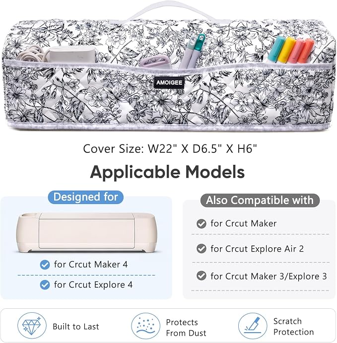 AMOIGEE Dust Cover for Cricuttt Maker 4 & Explore 4/3, Maker 3, Air 2, Quilted Protective Cover with Storage Pockets for Cutting Machine, Floral Fabric Anti-Dust Cover for Craft Machine Organizer