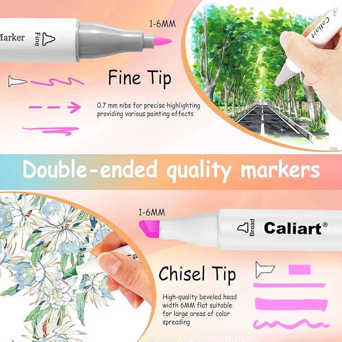 Caliart Pastel Alcohol Markers 61 Colors Fine & Chisel Dual Tip Art Markers | Coloring Markers Set with Carrying Case for Adults Coloring Book Drawing Sketching Painting Illustration