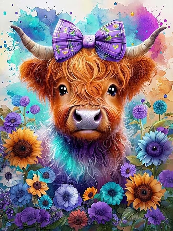 mrpwnle Cow Diamond Art Kits for Adults, Highland Cow Diamond Painting Kits | Highland Cow Diamond Art Painting Kits for Adults Beginner, DIY Round Full Gem Art Kit for Home Wall Decor Gifts 12x16 Inch