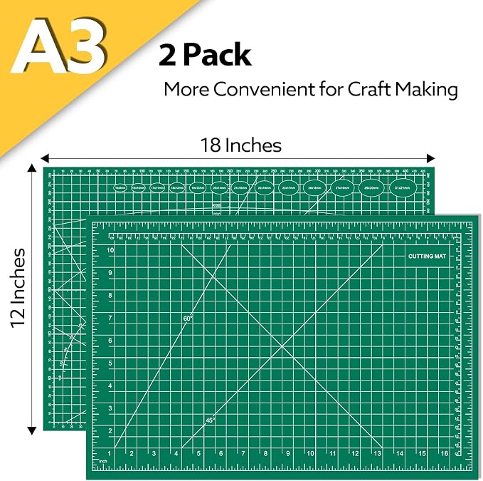 2 Packs Self Healing Cutting Mat Bulk 12"x18" Rotary Cutting Sewing Mats A3 | Cutting Board for Fabric Crafting Sewing Scrapbooking Quilting, Precision Cutting, Double Sided 5-Ply