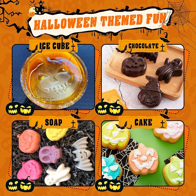 Halloween Silicone Molds Set 19 Shapes Large Baking Molds Pack of 4 Including Pumpkin Skull Ghost Bat Hat Spider Web House Molds, 3D Spooky Homemade Soap Candle Ice Pan Muffin Cupcake Moulds Oven Safe