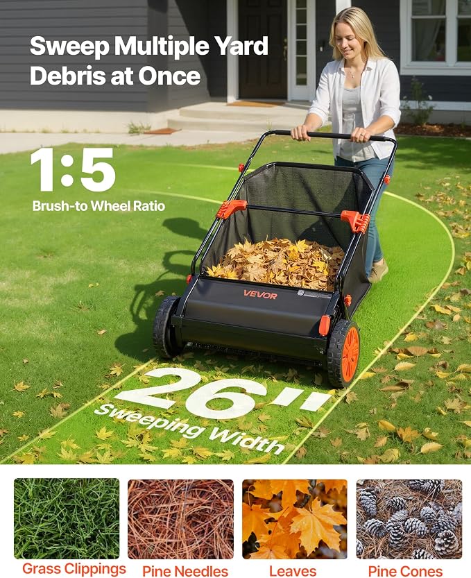 VEVOR Push Lawn Sweeper 26 in Leaf & Grass Collector 7 cu. ft. Hopper Bag