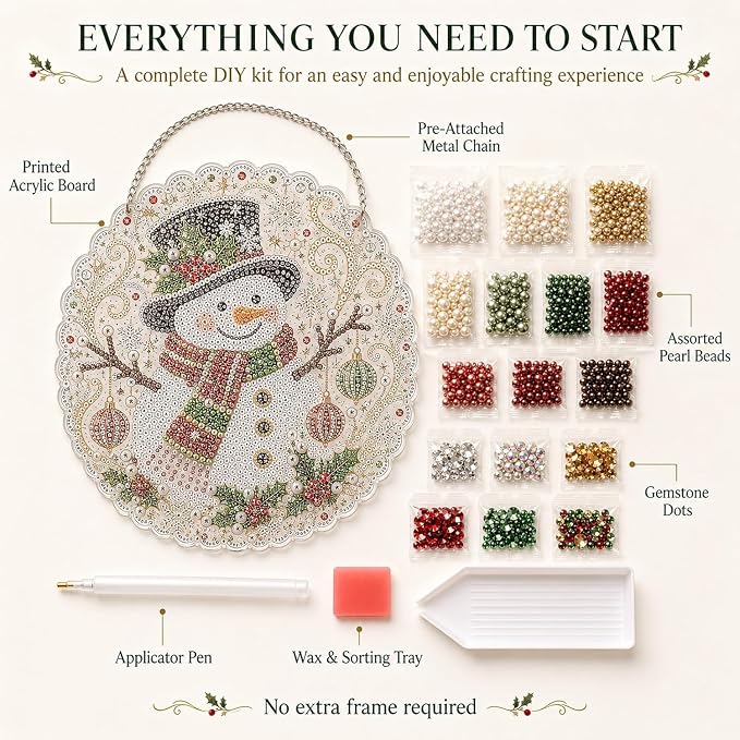 Christmas Pearl Diamond Art Painting Suncatcher Kit, DIY Craft Pre-Assembled Metal Chain, Acrylic Round Board with Lace Edge, 3D Mixed-Sized Pearl Beads Craft, Festive Window Wall Decor