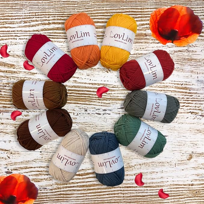 Milk-Cotton Crochet Yarn Kit, 10x50g Skeins DK Weight, 1250+ Yards, Hooks, Needles & Safety Eyes, 40+ Free Patterns, for Amigurumi, Crocheting & Knitting - Autumn Palette