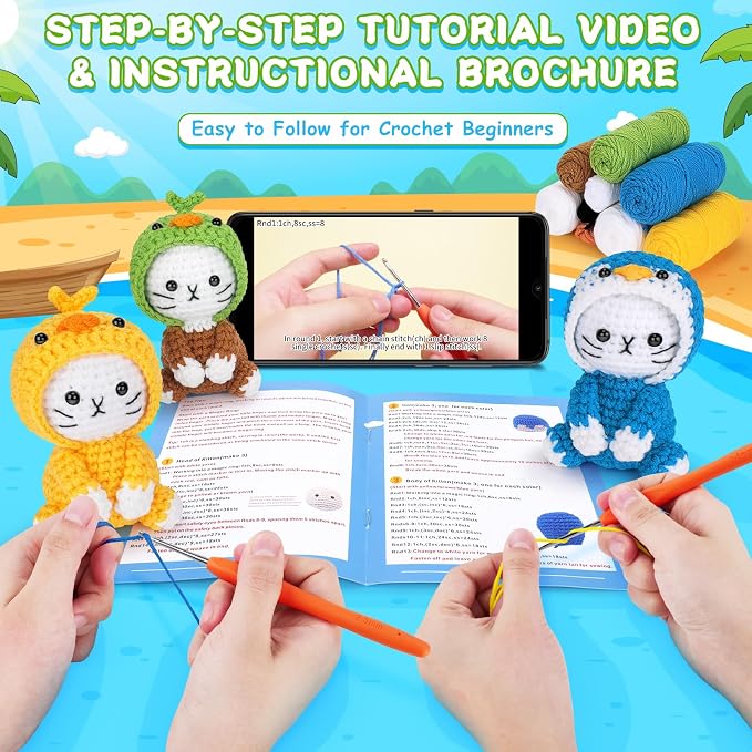 Crochet Kit for Beginners, 3 Pack Duck Cat Crochet Kits with Step-by-Step Video Tutorials, Beginner Crochet Kit for Adults, Crochet Animal Kit for Starters, DIY Craft Gift for Cat Lover