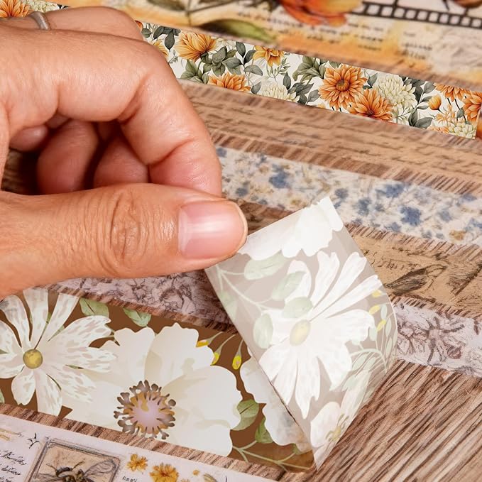 21 Rolls Yellow Floral Washi Tape Set - Retro Sunflower/Daisy/Rose Pattern Decorative Tape for Scrapbooking, Journaling, Junk Journal, Craft Supplies, Romantic Aesthetic Gift for Handmade Lovers