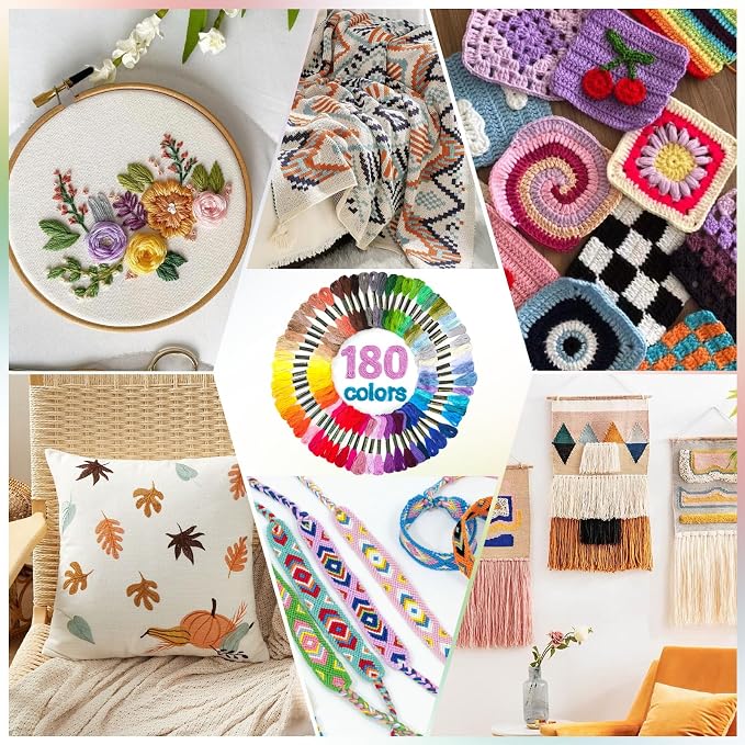 LOVIMAG Embroidery Thread 180pcs Friendship Bracelet String Floss Kit Yarn | Hair Wrap Shirt Lanyard Patterns Crochet Craft Threads Supplies Cross Stitch Sewing Needlepoint Thin Rainbow Beginners