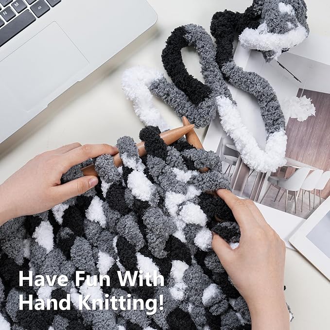 Cozyful Chunky Yarn for Hand Knitting - #10 Chunky Chenille Blanket Yarn, Jumbo Big Thick Chunky Yarns for Crocheting, Tie Dye Bulky Knit Yarns, 8 Skein (20 yds 8 oz Each Skein), Black & Grey & White