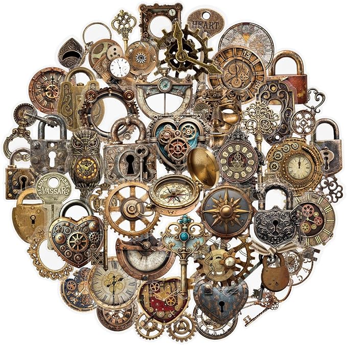 50PCS Vintage Steampunk Stickers, Waterproof PET Retro Old Gadgets Decals for Scrapbooking, Skateboard, Laptop, Phone Case, Luggage, Water Bottle - Aesthetic Decor for Teens, Adults, Boys, Girls