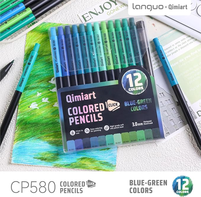 languo Mechanical Colored Pencils, 12PCS Blue-Green Colors with Sharpener