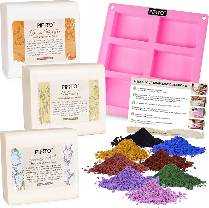 Pifito Soap Making Kit │ DIY Soap Making Supplies - 3 lbs Melt and Pour Soap Base (Shea Butter, Goats Milk, Oatmeal), 8-Pack Oxide Pigment Colorants Sampler, Mold and Instructions