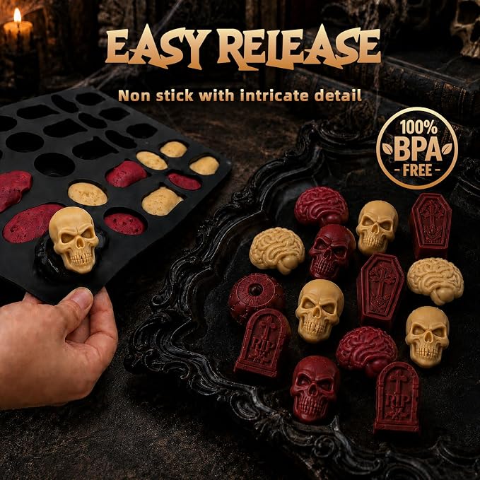 HKNMTT Skull Candy Chocolate Cake Pan 5-Shapes Halloween Silicone Mold | Skull Eyeball Tombstone Coffin Brain Mold 25-Cavity for Candy Gummy Chololate Jello Ice Cubes Muffin Non-Stick Food Grade