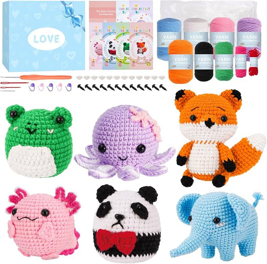 Gerute Crochet Kit for Beginners, 6 PCS Amigurumi Animal Family Starter Kit with Step-by-Step Video Tutorials & Illustrated Guide, 40% Extra Yarn, DIY Family Craft Gifts for Adults & Kids