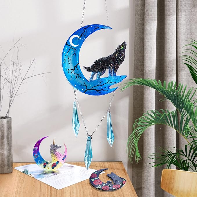 LET'S RESIN Resin Molds, Crescents Moon Molds, Epoxy Molds, Silicone Molds for Epoxy Resin, Wolf with Moon, Cat with Moon, Unicorn with Moon