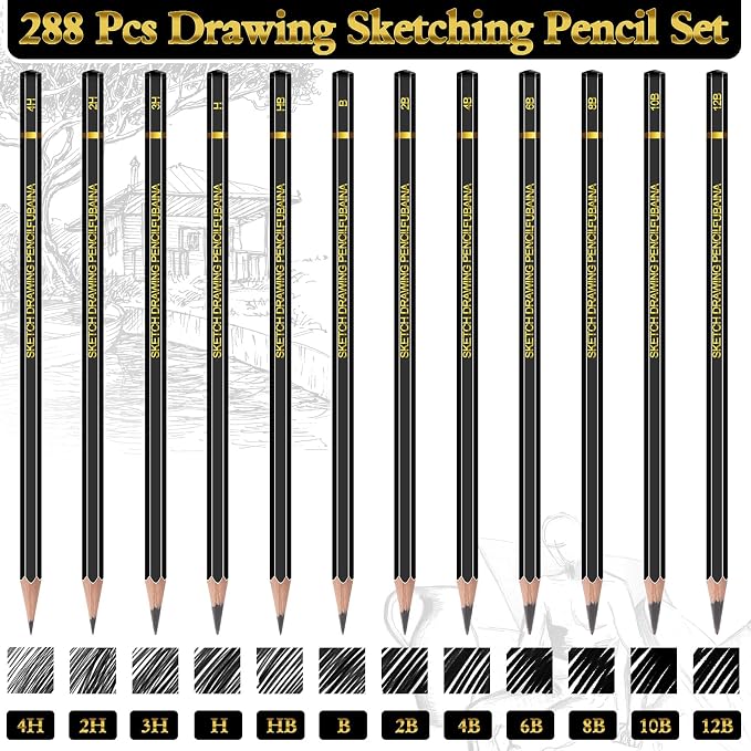 288 Pcs Sketching Pencils, 12B-4H Graphite Drawing Pencils | Art Set for Artists Beginners, Bulk Supply for Studios, Charcoal Graphite Blend, Shading Sketching, Gift-ready Packaging
