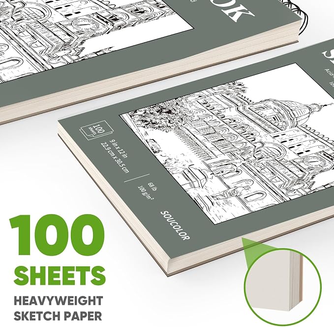 Soucolor Sketch Book 9x12, Drawing Paper Pad 68lb/100gsm Acid-Free | 100 Sheets,Top Spiral Sketchbook for Kids Adults, Art Supplies Sketch Pad for Drawing Illustration College Essentials