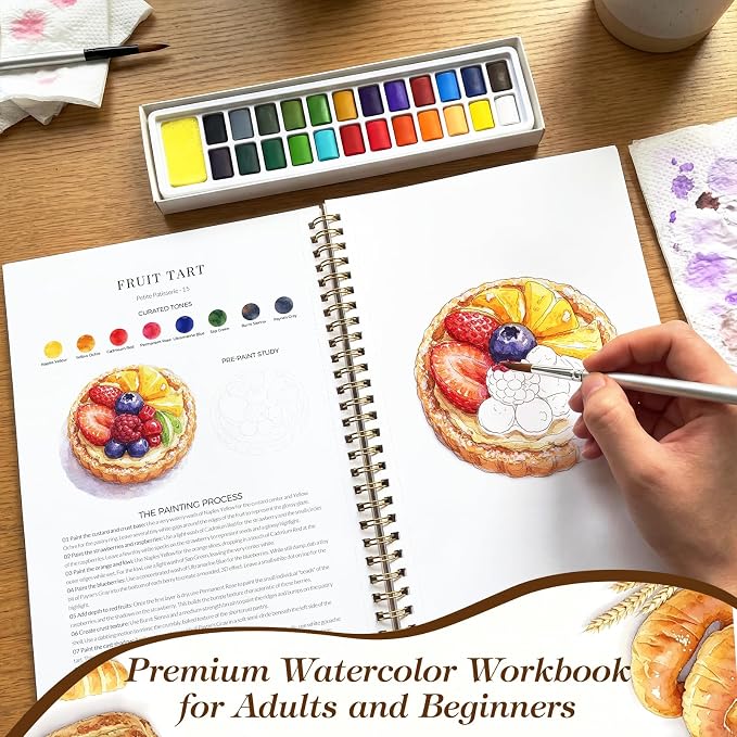Watercolor Workbook for Beginners,18 Baking Water Coloring Book,Relaxing & Easy to Paint Water Coloring Book with 24 Colors-Perfect for Gifting to Creativity & Joy for Adults