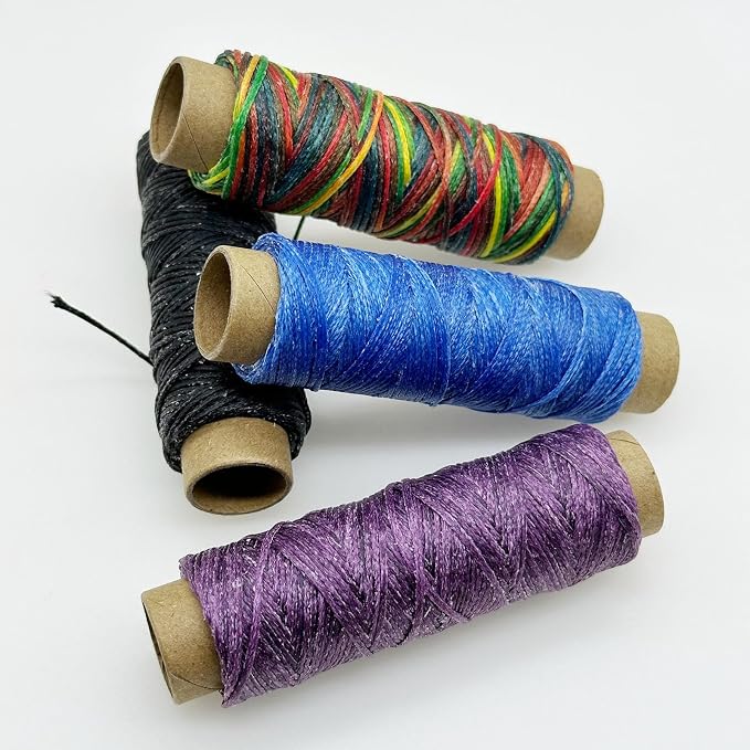 4 PCS Leather Sewing Waxed Thread, Each of 33 Yards 150D Sewing Thread Cord for Leather Craft DIY Supplies, Shoes Repairing, Black, Multi-Colors, Dark Purple, Blue