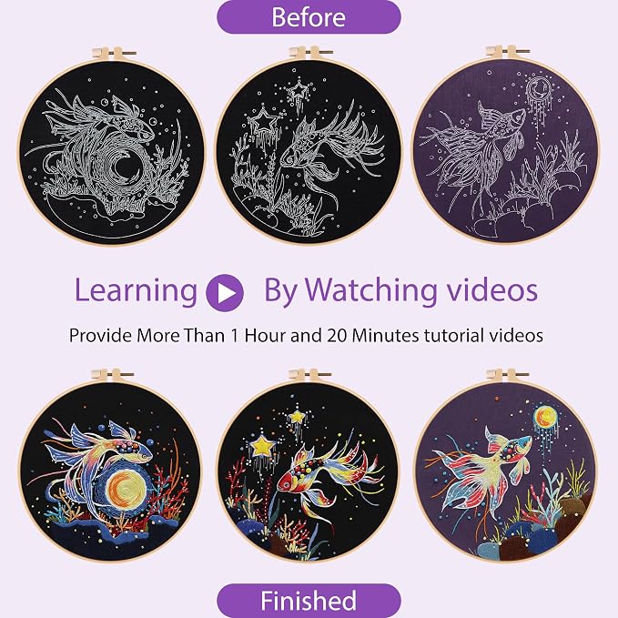 Uniartfy 3 Sets Hand Embroidery Starter Kits for Beginners Adults, Goldfish Stamped Cross Stitch Kit, DIY Needlepoint Kit with Cloth, Hoop,Threads and Instruction, Easy to Learn Embroidery Starter Kit