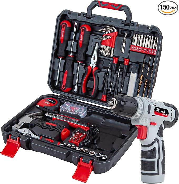 CARTMAN 150-Piece 8V Cordless Drill Hand Tool Set, Red Household Repair Kit | All-Inclusive Tool Assortment With 8V Drill, Great For Home Upkeep, DIY Crafting And Daily Household Fixes